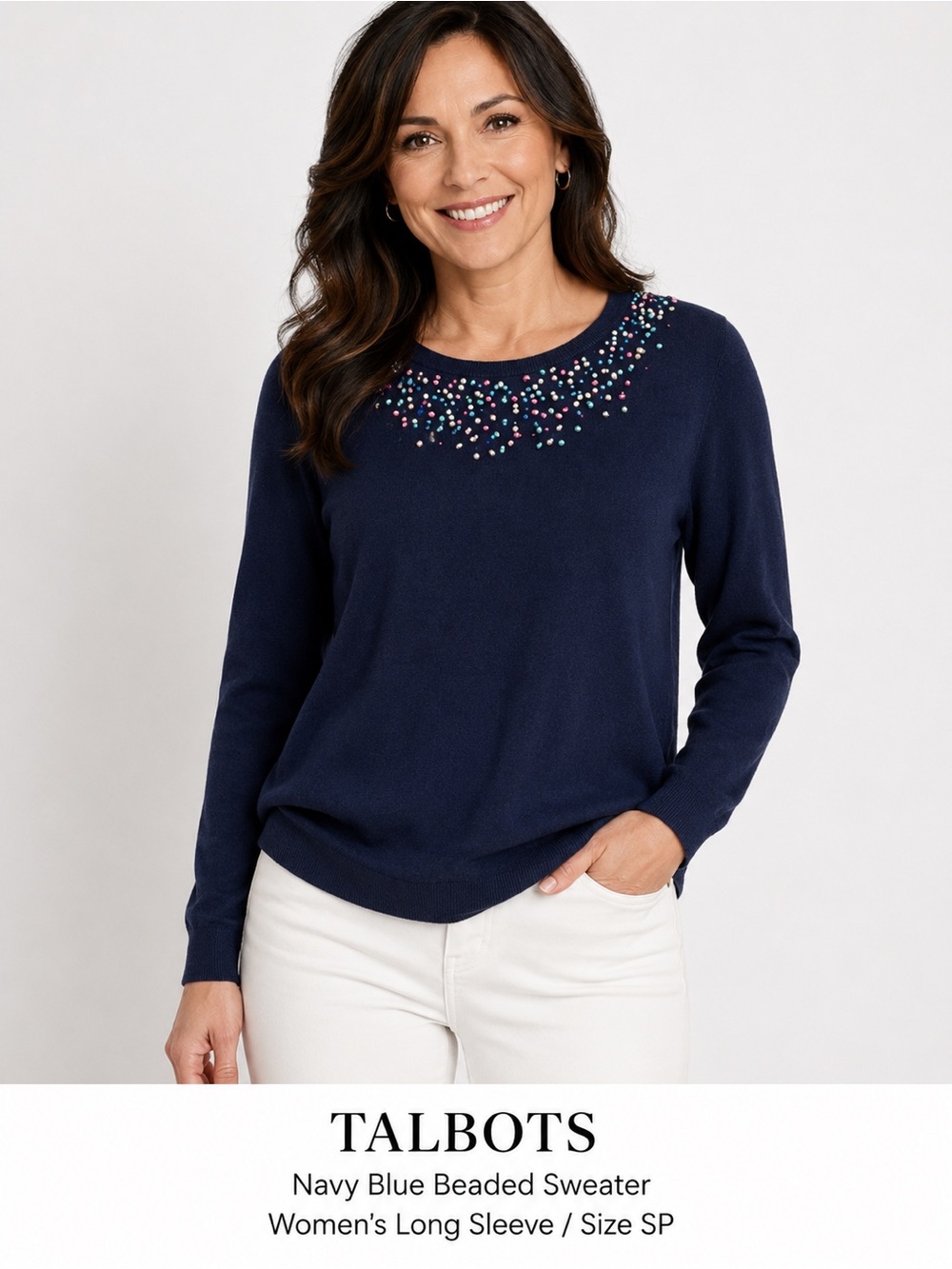 Talbots Navy Blue Beaded Sweater Women's Long Sleeve/size SP